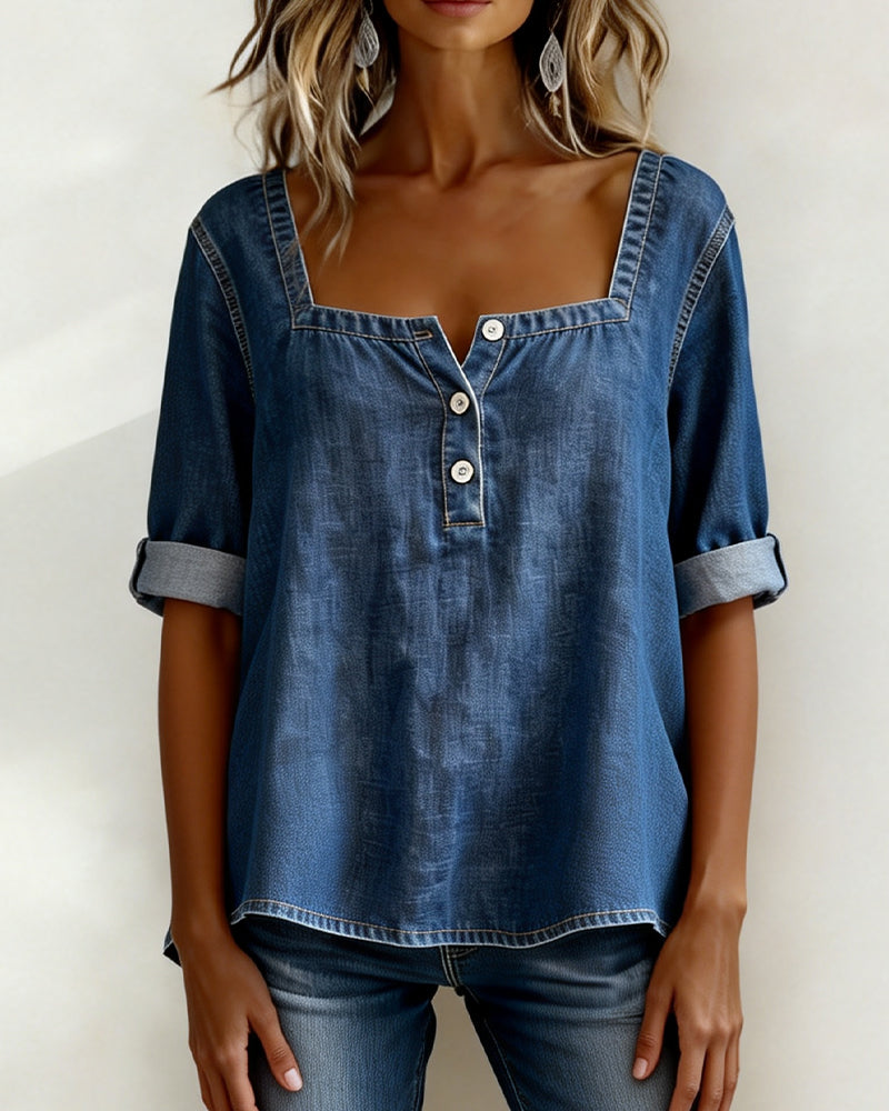 ALBERTA™ | Square-Neck Denim Top