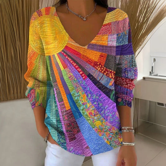 CONNIE™ | Patchwork V-Neck Top