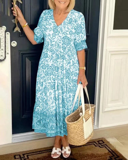 WRENLEY™ | Long Floral V-Neck Dress