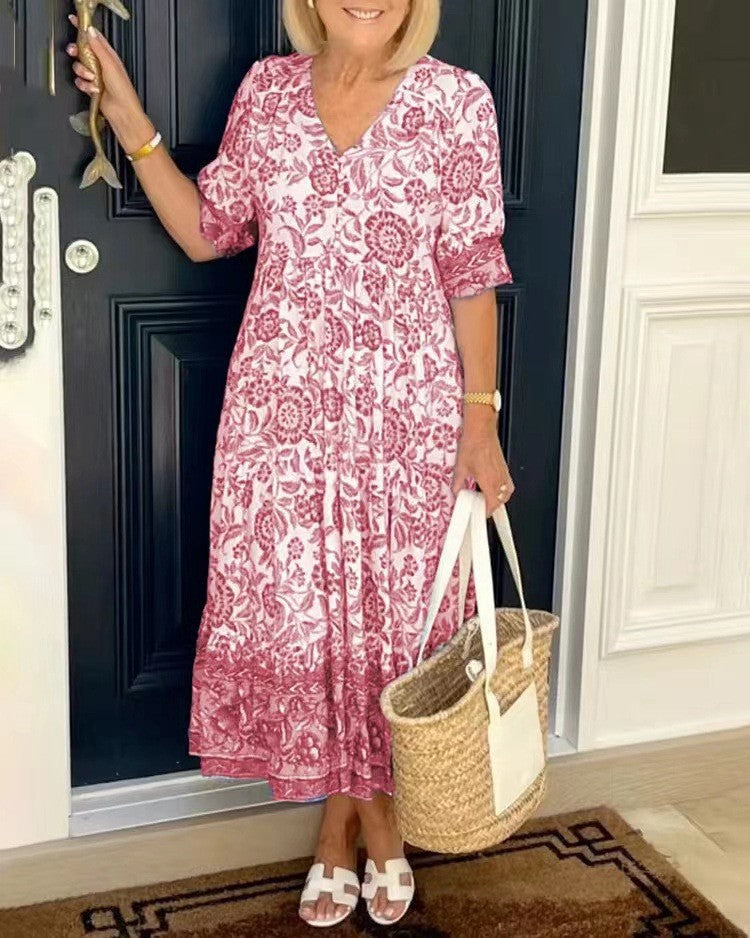 WRENLEY™ | Long Floral V-Neck Dress