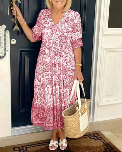 WRENLEY™ | Long Floral V-Neck Dress