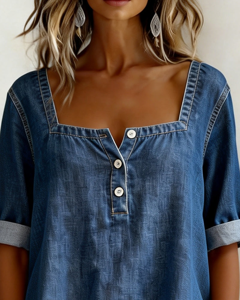 ALBERTA™ | Square-Neck Denim Top