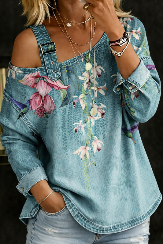 CLAIRE™ | Off-Shoulder Floral Denim Top