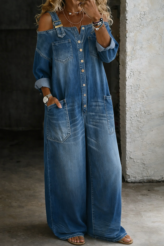 CORDELIA™ | Off-Shoulder Denim Jumpsuit