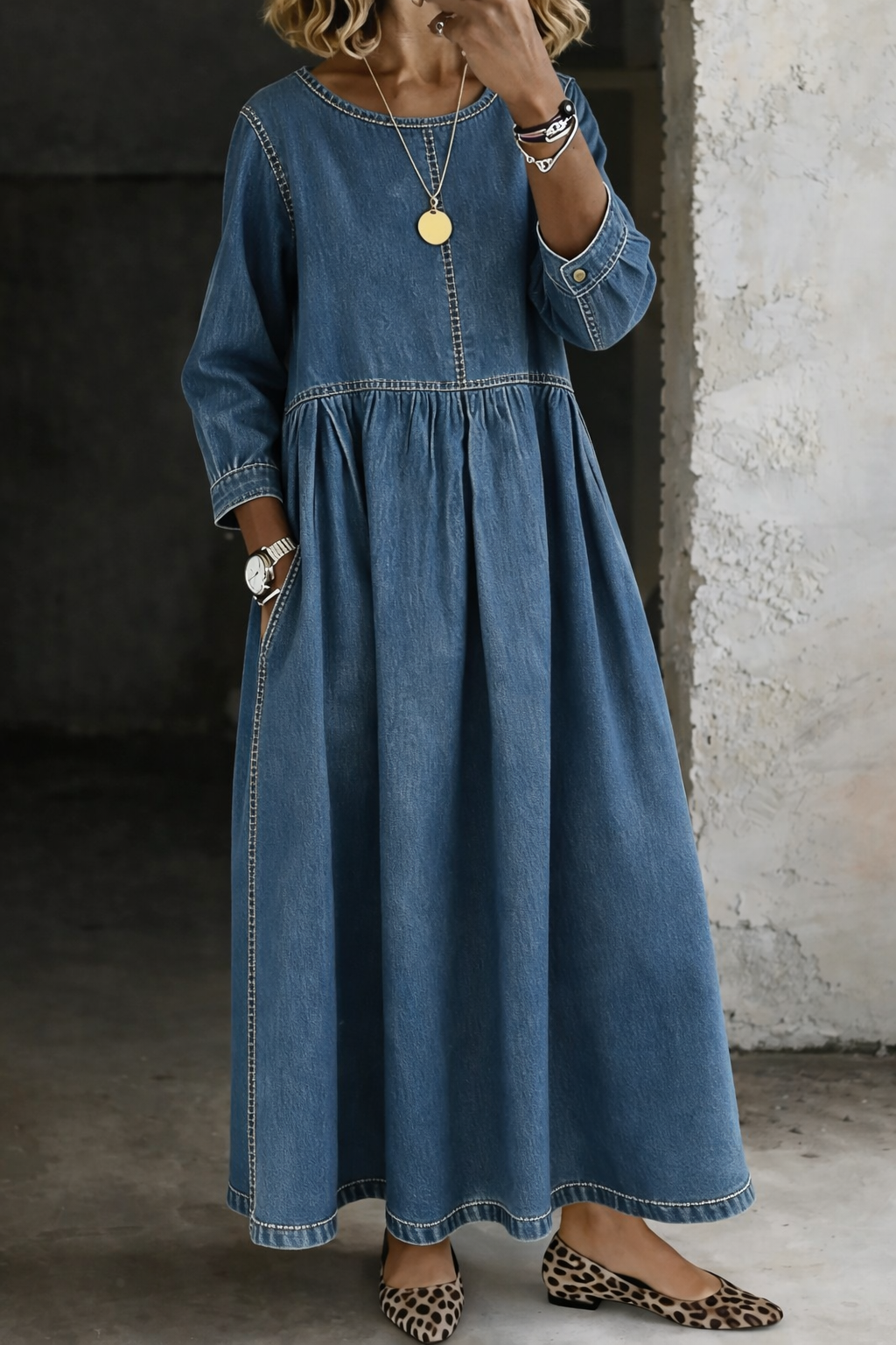 HARTLEY™ | Round-Neck Denim Maxi Dress