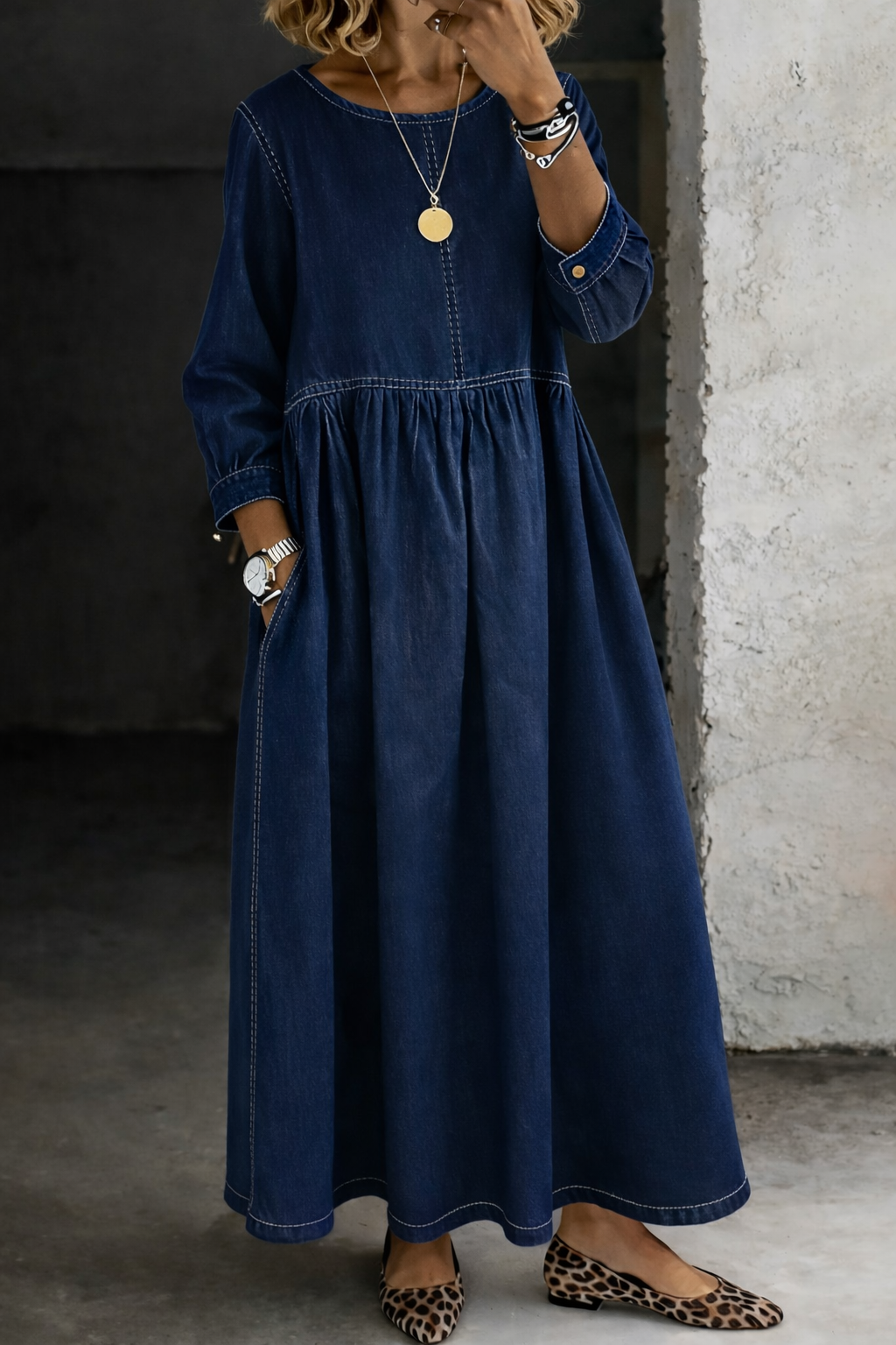 HARTLEY™ | Round-Neck Denim Maxi Dress