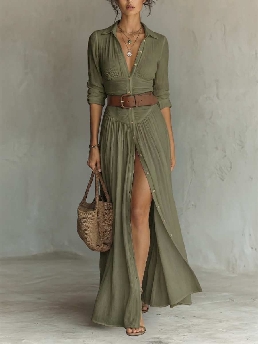 CASSIA™ | Collared Linen Maxi Dress