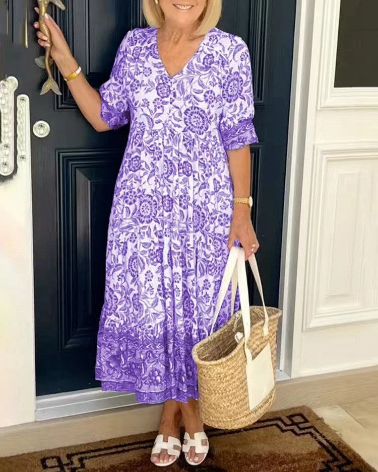 WRENLEY™ | Long Floral V-Neck Dress