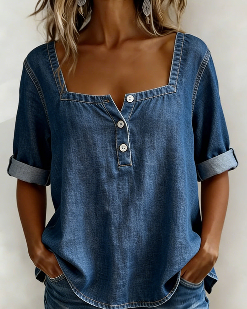 ALBERTA™ | Square-Neck Denim Top